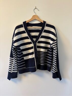 MoonRiver Striped Navy & White V-Neck Button Cardigan Sweater